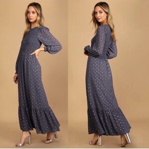 Lulus Simple Observation Blue and Silver Dotted
Smocked Maxi Dress